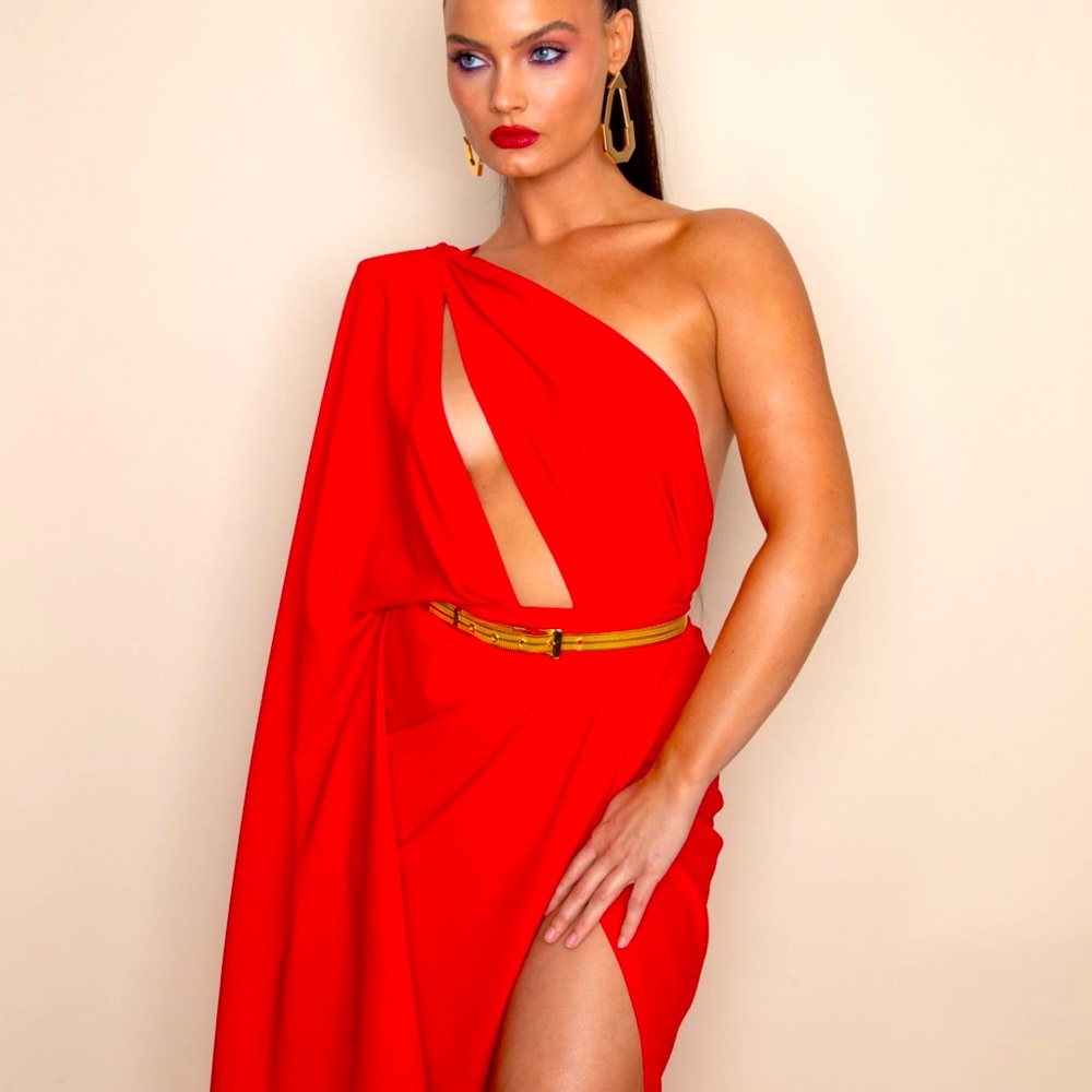 One shoulder red high slit long sleeve gown